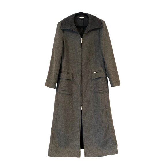 Trussardi S Longline Full Length Zip Gray Wool Coat Pockets Funnel Collar Y2K - Picture 1 of 13